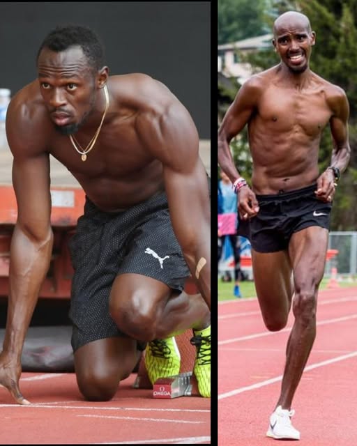 تصویر دو دونده یوسین بولت در حال استارت و محمد فرح در دویدن با درد