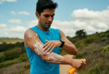 دونده در حال اعمال ضدآفتاب روی پوست خود