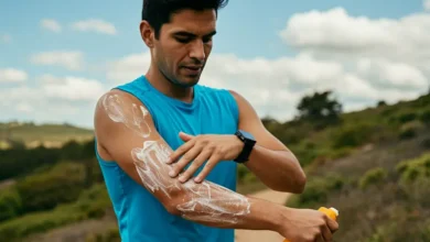 دونده در حال اعمال ضدآفتاب روی پوست خود