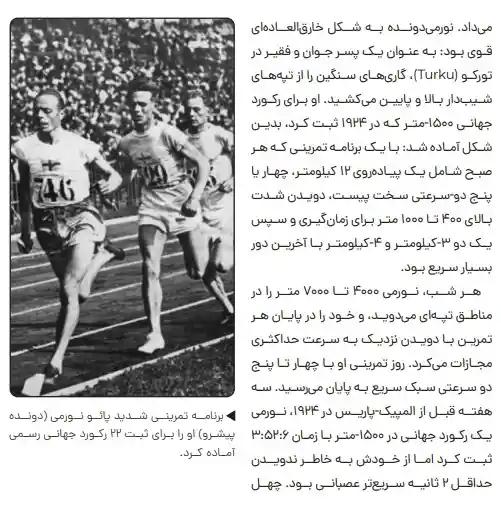 تصویری از کتاب علم دویدن اوون اندرسون با متن کتاب و دونده های مرد در حال مسابقه